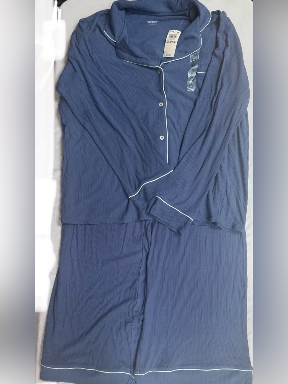State of Day Ribbed Notched-Collar Button Down Periwinkle Blue PJ’s Set Size XL
